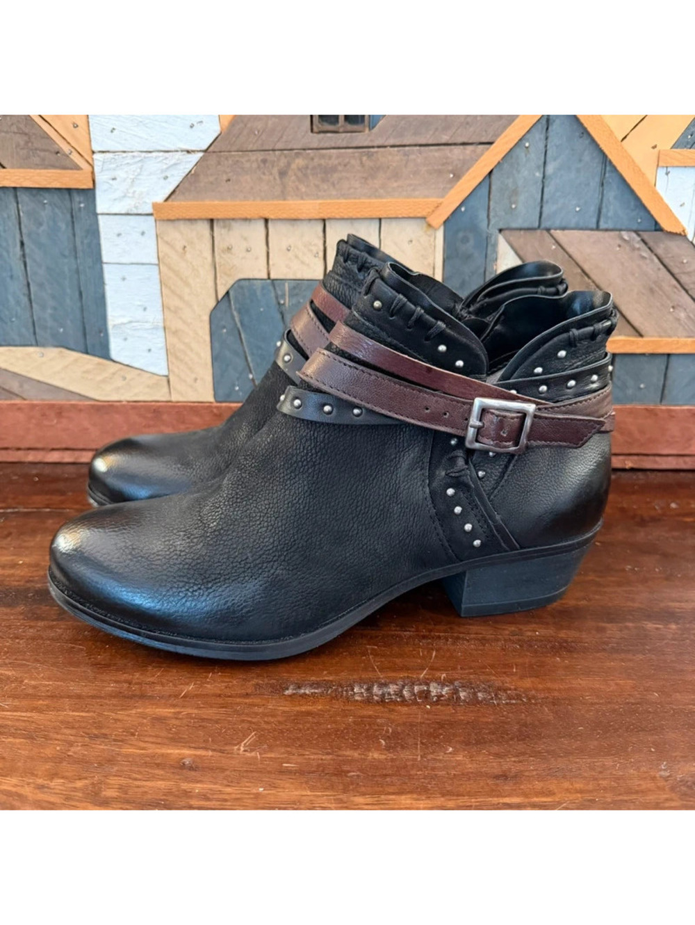Miz Mooz Booker Black Leather Studded Buckle Ankle Boots Size EU 41 / US 10